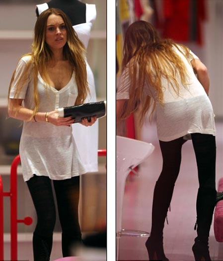 Lindsay Lohan de frente y de espalda con piernas flacas y delgadas
