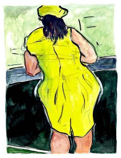 Pieza de arte de Bob Dylan que muestra a una mujer de amarillo
