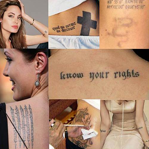 angelina jolie tatuajes Recuadro donde se intenta mostrar cada uno de los tatuajes de la sexy Angelina Jolie, para quien guste seguir su ejemplo.