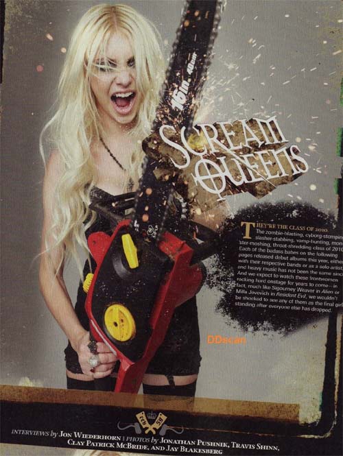 Taylor Momsen riendo como maniaca sexy mientras sujeta una sierra eléctrica.