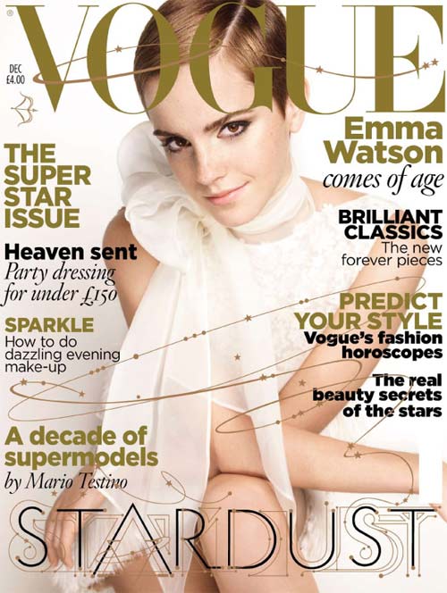 Emma Watson en la portada de Vogue con vestido sin mangas color blanco y el cabello engominado