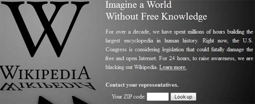 Wikipedia protesta por la Ley SOPA y miles de Webs se unen