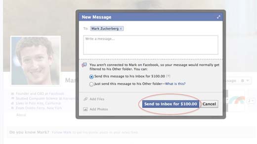 Ahora puedes pagar 100 dólares para enviarle un correo a Mark Zuckerberg desde tu cuenta de facebook.